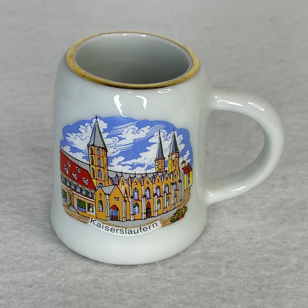 Vintage Mini Ceramic Kaiserslautern Beer Stein Mug Shot Glass Gold Rim 2 oz